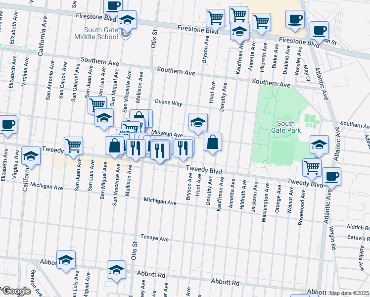 map of restaurants, bars, coffee shops, grocery stores, and more near 9710 Alexander Avenue in South Gate