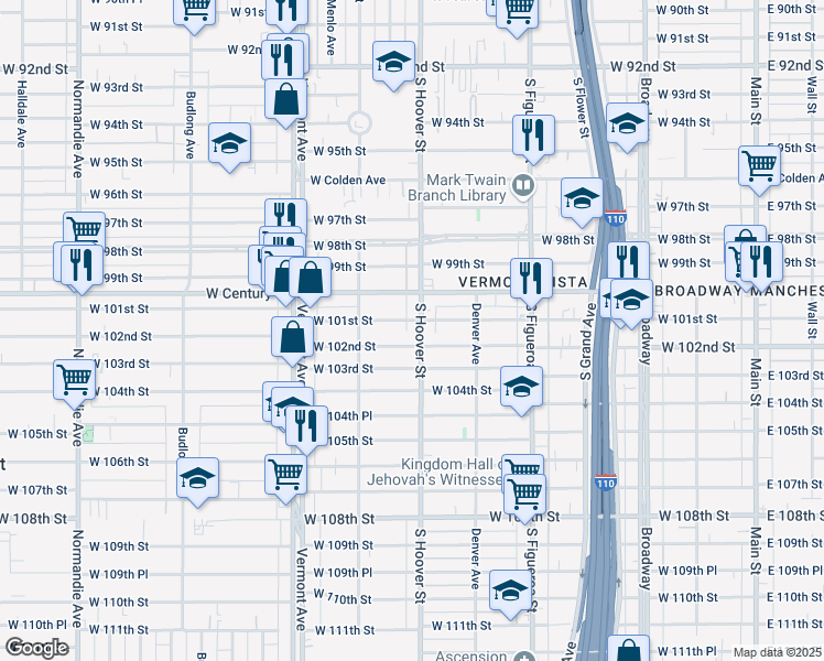 map of restaurants, bars, coffee shops, grocery stores, and more near 10019 South Hoover Street in Los Angeles