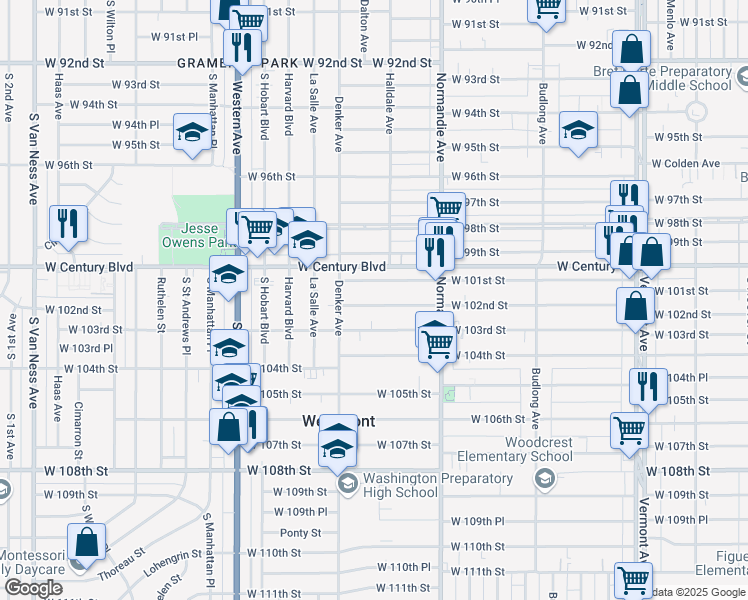 map of restaurants, bars, coffee shops, grocery stores, and more near 1511 1/2 West 101st Street in Los Angeles