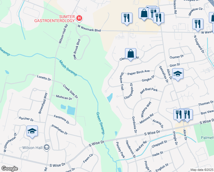 map of restaurants, bars, coffee shops, grocery stores, and more near 2455 Clematis Trail in Sumter