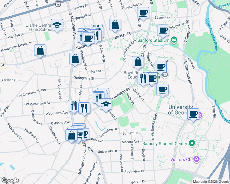 map of restaurants, bars, coffee shops, grocery stores, and more near 114 Brittany Road in Bogart