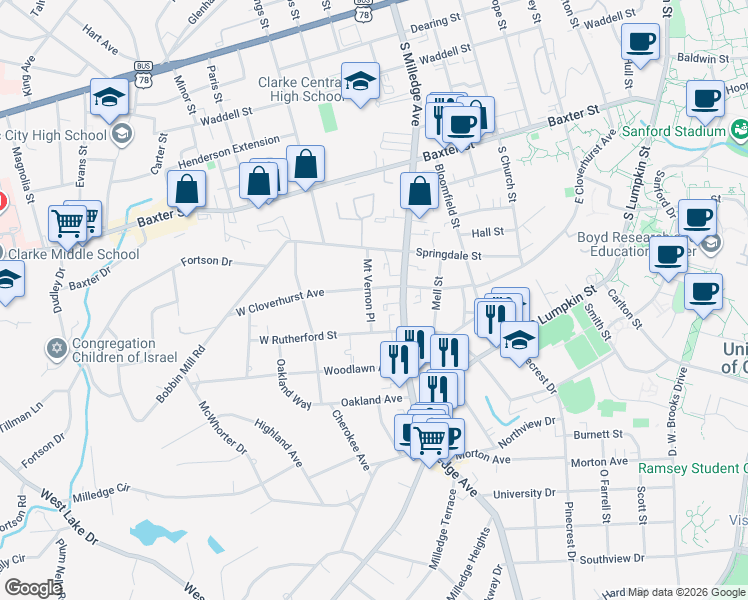map of restaurants, bars, coffee shops, grocery stores, and more near in Athens