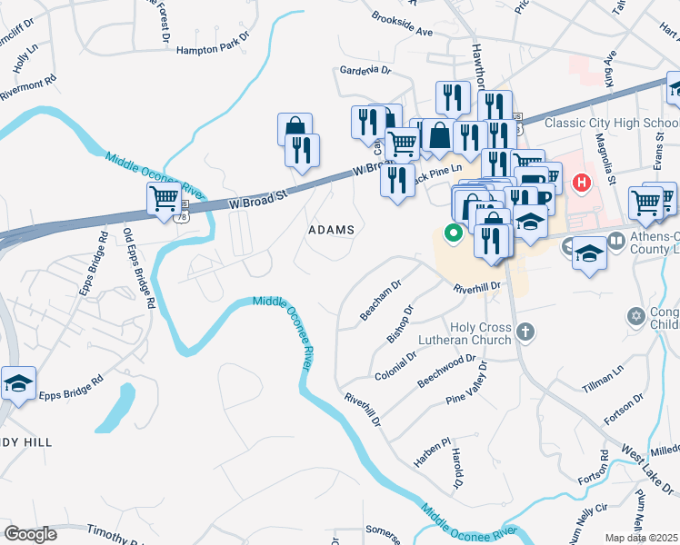 map of restaurants, bars, coffee shops, grocery stores, and more near 170 Dell Avenue in Athens