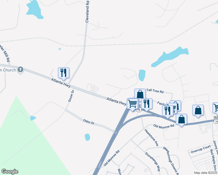 map of restaurants, bars, coffee shops, grocery stores, and more near 580 Aubrey Drive in Bogart