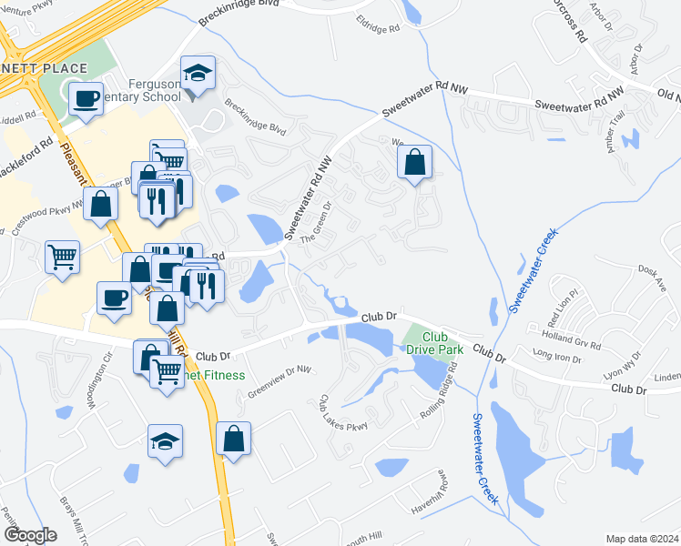 map of restaurants, bars, coffee shops, grocery stores, and more near 3392 Fairway Oaks Drive in Lawrenceville