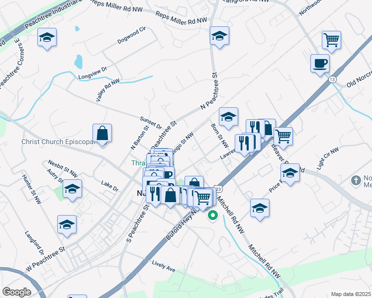 map of restaurants, bars, coffee shops, grocery stores, and more near 196 Wingo Street Northwest in Norcross