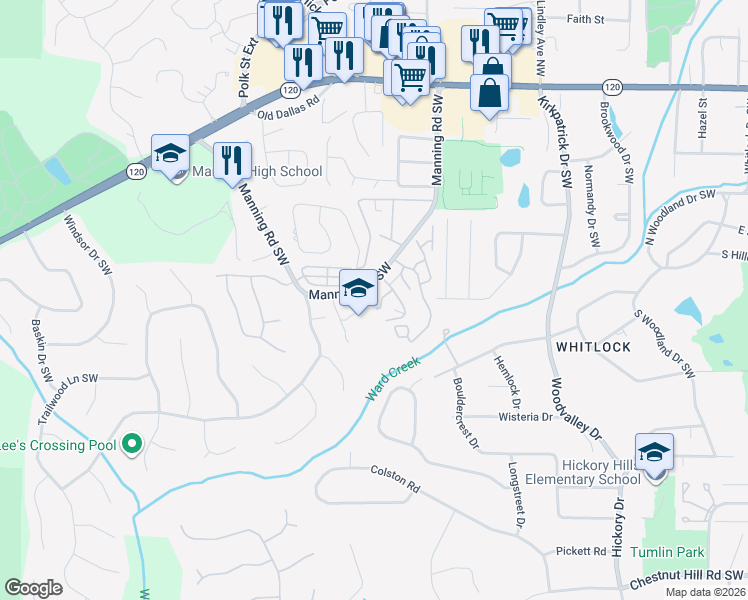 map of restaurants, bars, coffee shops, grocery stores, and more near 260 Manning Road Southwest in Marietta