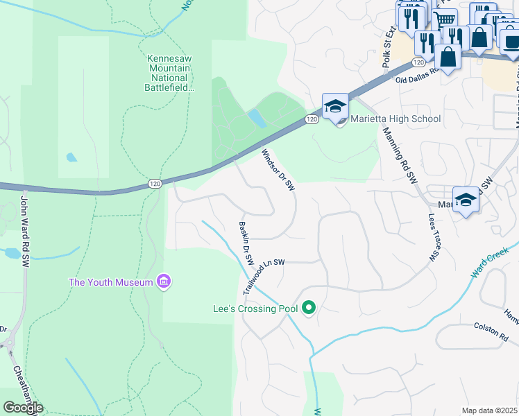 map of restaurants, bars, coffee shops, grocery stores, and more near 1430 Dallas Circle Southwest in Marietta