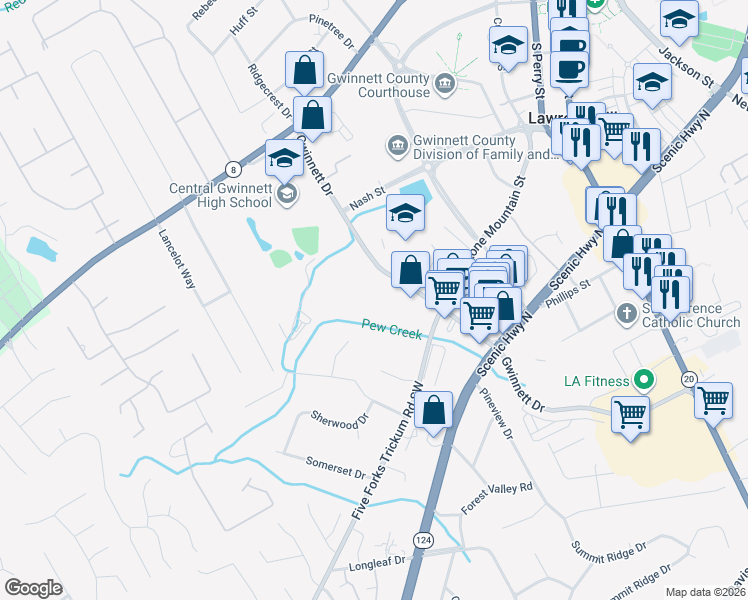 map of restaurants, bars, coffee shops, grocery stores, and more near 250 Gwinnett Drive in Lawrenceville