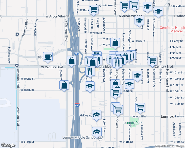 map of restaurants, bars, coffee shops, grocery stores, and more near 10112 Felton Avenue in Inglewood
