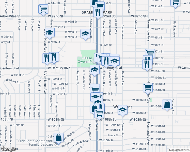 map of restaurants, bars, coffee shops, grocery stores, and more near 10011 South Western Avenue in Los Angeles