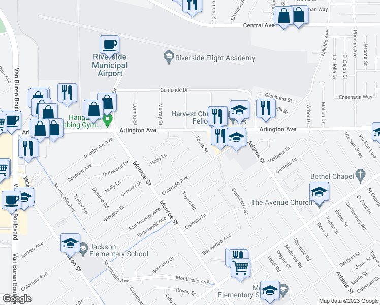 map of restaurants, bars, coffee shops, grocery stores, and more near 8506 Conway Drive in Riverside