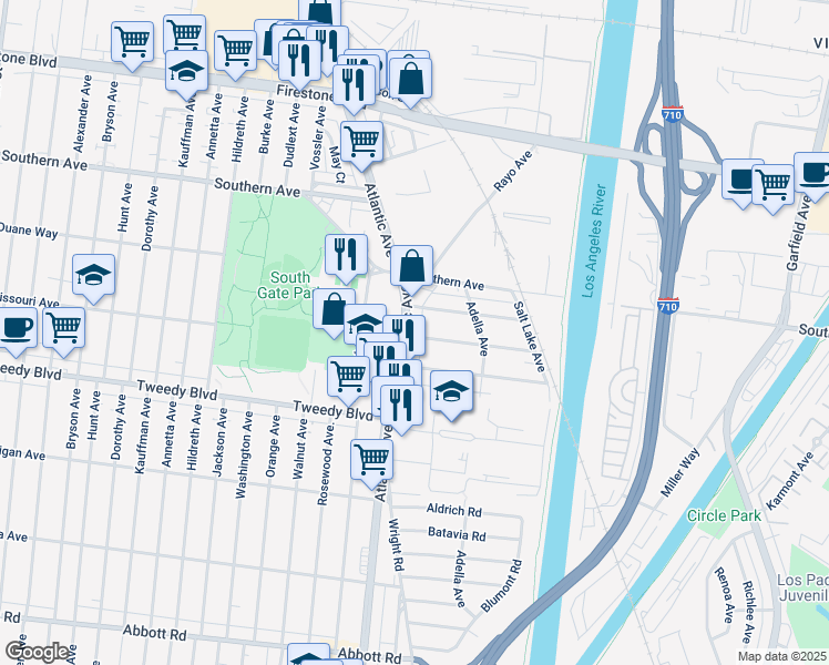 map of restaurants, bars, coffee shops, grocery stores, and more near 9640 Atlantic Avenue in South Gate