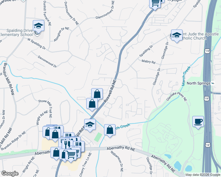 map of restaurants, bars, coffee shops, grocery stores, and more near 6940 Roswell Road in Sandy Springs