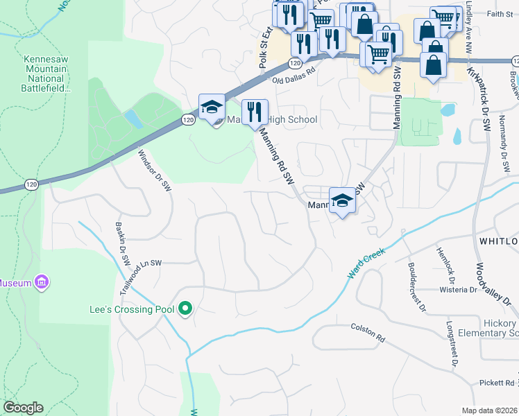 map of restaurants, bars, coffee shops, grocery stores, and more near 409 Rockford Pass Southwest in Marietta