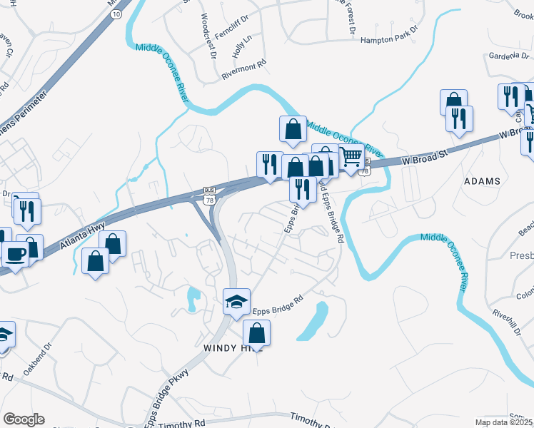 map of restaurants, bars, coffee shops, grocery stores, and more near 2725 Atlanta Highway in Athens