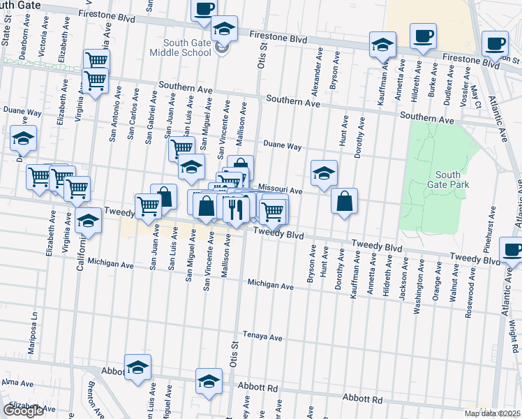 map of restaurants, bars, coffee shops, grocery stores, and more near 9722 Otis Street in South Gate
