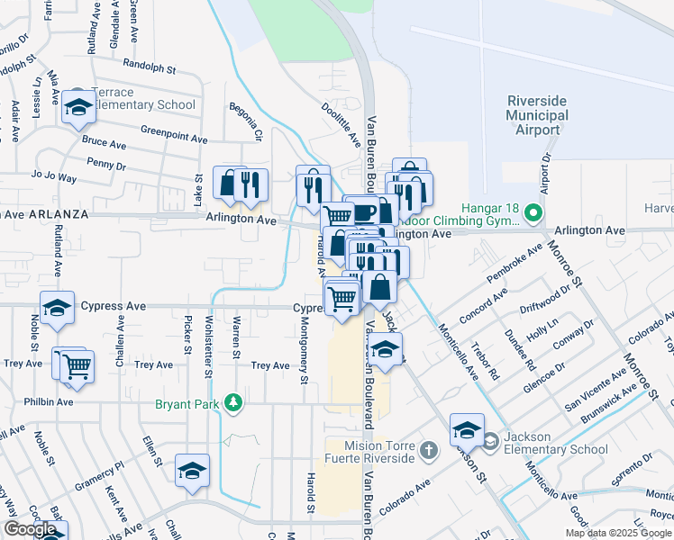 map of restaurants, bars, coffee shops, grocery stores, and more near 6350 Van Buren Boulevard in Riverside