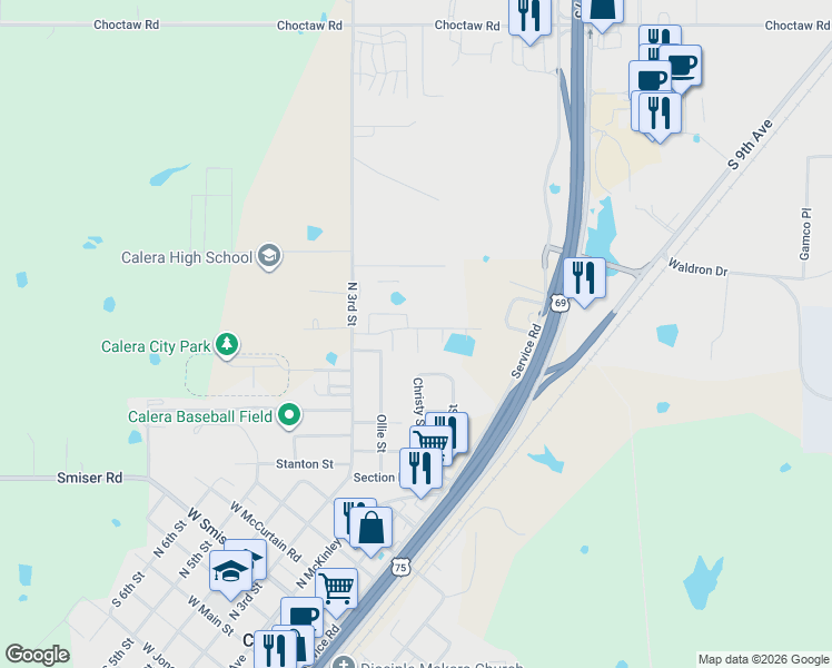 map of restaurants, bars, coffee shops, grocery stores, and more near 176 Cottonwood Street in Calera