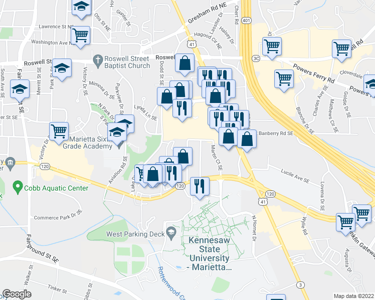 map of restaurants, bars, coffee shops, grocery stores, and more near 393 Lockheed Avenue in Marietta