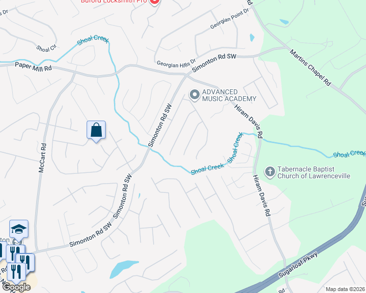 map of restaurants, bars, coffee shops, grocery stores, and more near 934 Natural Brook Trail Southeast in Lawrenceville