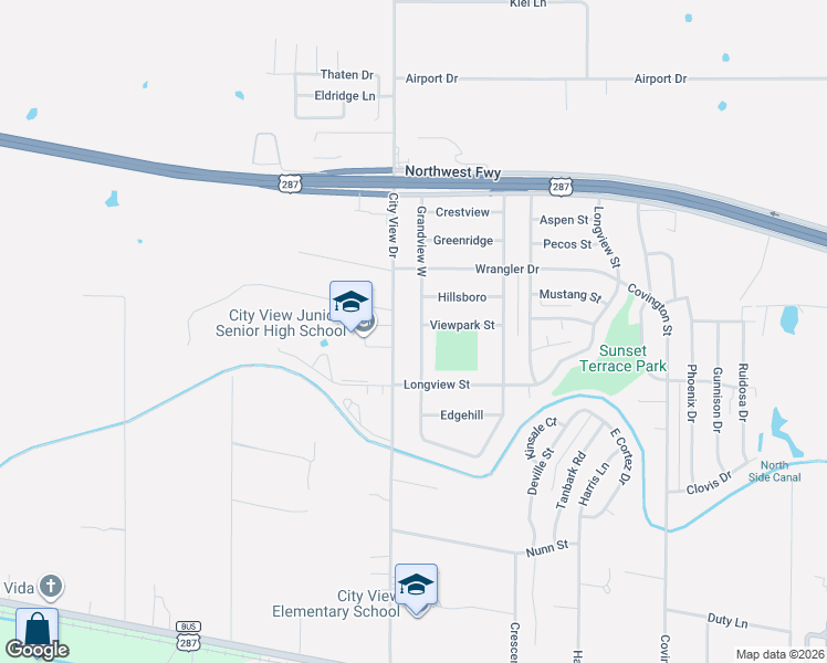 map of restaurants, bars, coffee shops, grocery stores, and more near 1625 City View Drive in Wichita Falls