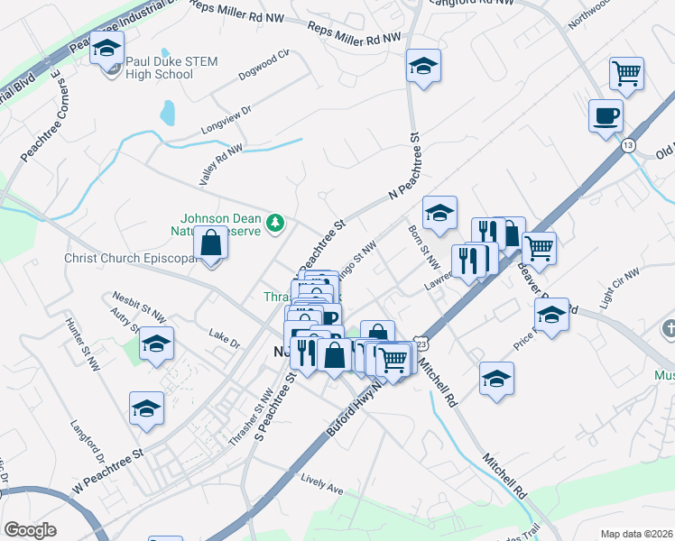 map of restaurants, bars, coffee shops, grocery stores, and more near 238 Wingo Street Northwest in Norcross