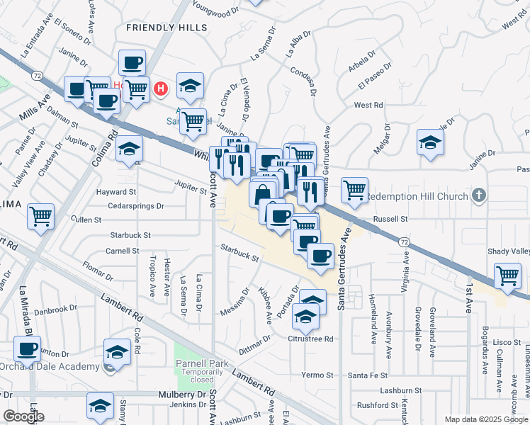 map of restaurants, bars, coffee shops, grocery stores, and more near 15600 Whittwood Lane in Whittier