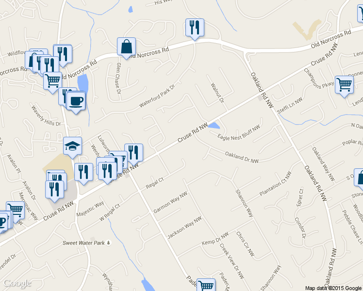 map of restaurants, bars, coffee shops, grocery stores, and more near 2356 Cruse Road in Lawrenceville