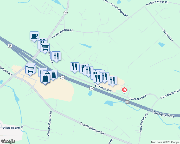 map of restaurants, bars, coffee shops, grocery stores, and more near 384 Exchange Boulevard in Bethlehem