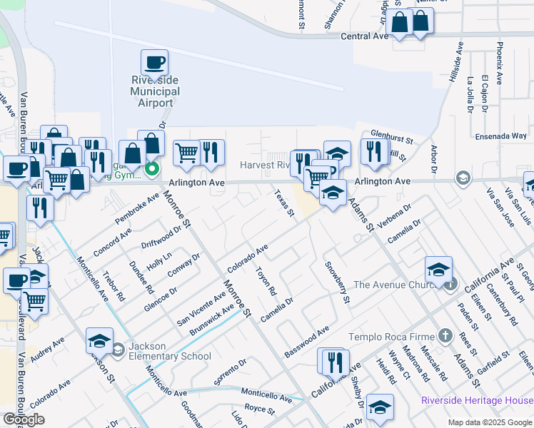 map of restaurants, bars, coffee shops, grocery stores, and more near 8506 Conway Drive in Riverside