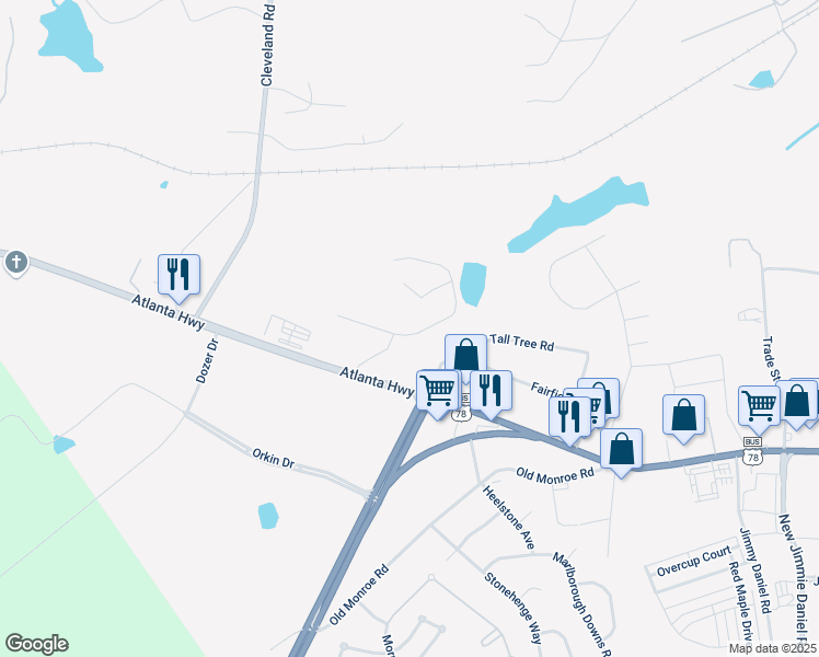 map of restaurants, bars, coffee shops, grocery stores, and more near 580 Aubrey Drive in Bogart