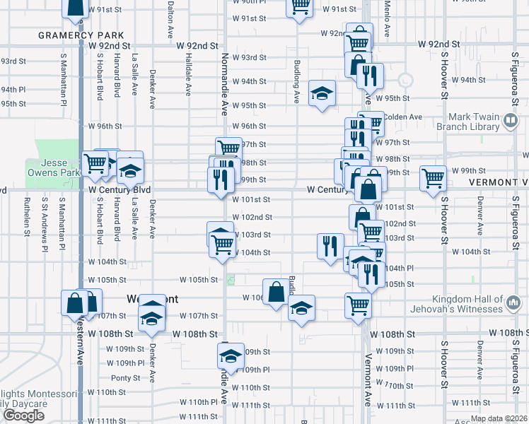 map of restaurants, bars, coffee shops, grocery stores, and more near 1228 West 101st Street in Los Angeles
