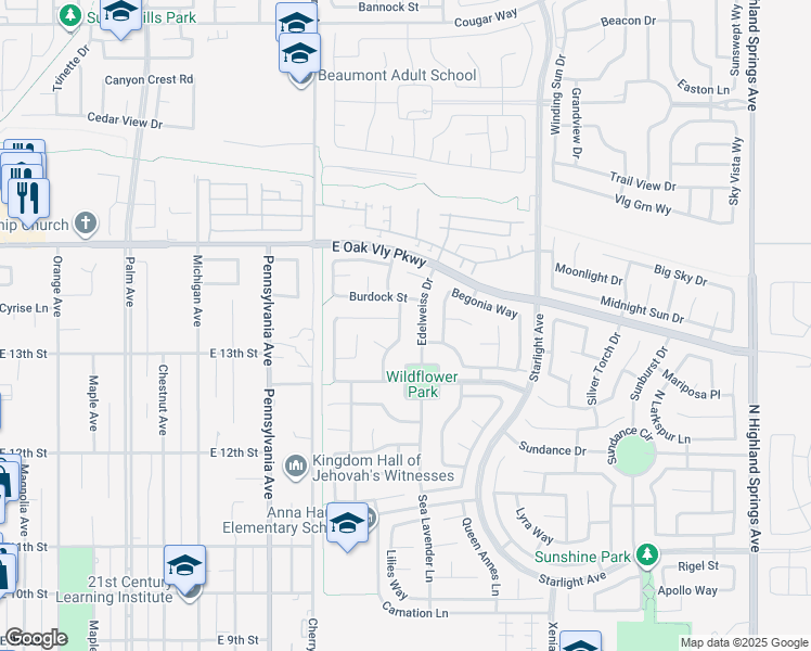map of restaurants, bars, coffee shops, grocery stores, and more near 1352 Barbetty Way in Beaumont