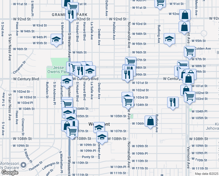 map of restaurants, bars, coffee shops, grocery stores, and more near 1511 1/2 West 101st Street in Los Angeles