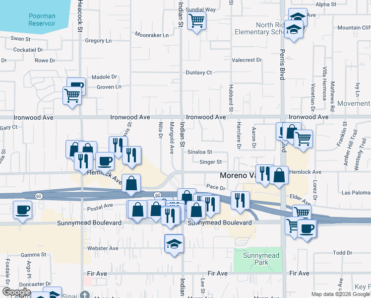 map of restaurants, bars, coffee shops, grocery stores, and more near 12105 Indian Street in Moreno Valley