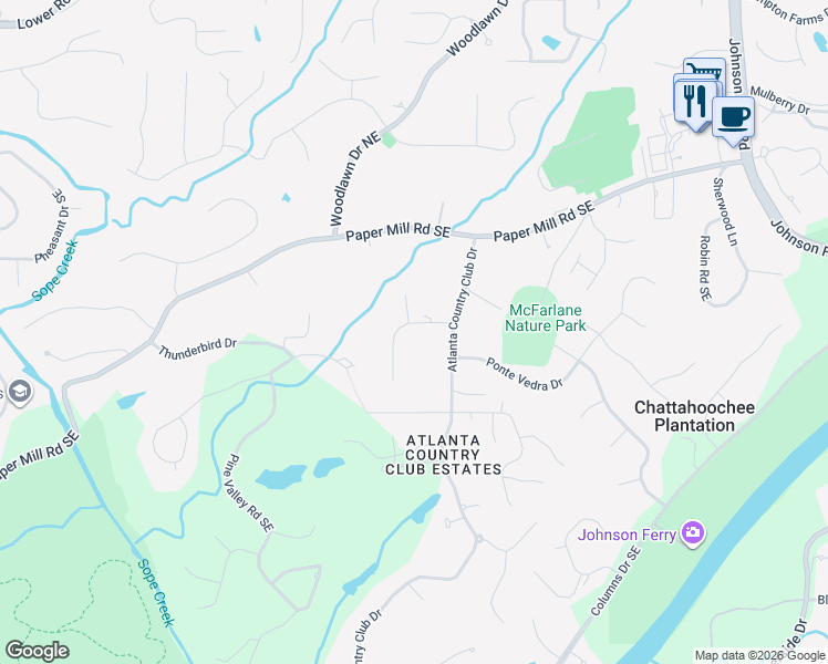 map of restaurants, bars, coffee shops, grocery stores, and more near 304 Rolling Rock Road in Marietta