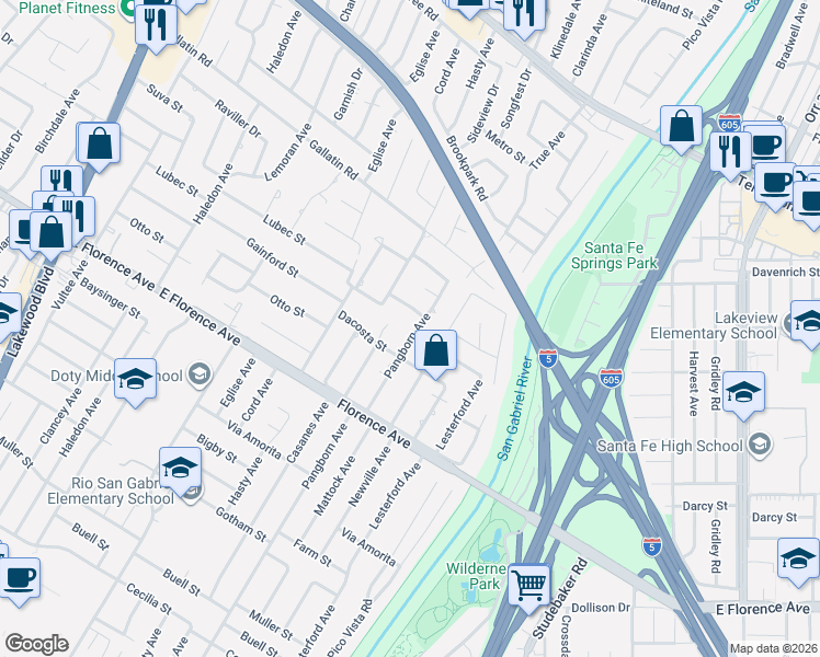 map of restaurants, bars, coffee shops, grocery stores, and more near 9905 Pangborn Avenue in Downey