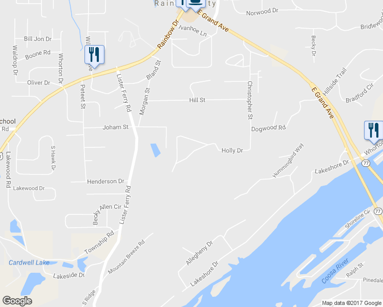 map of restaurants, bars, coffee shops, grocery stores, and more near 501 Hickory Hill Road in Rainbow City