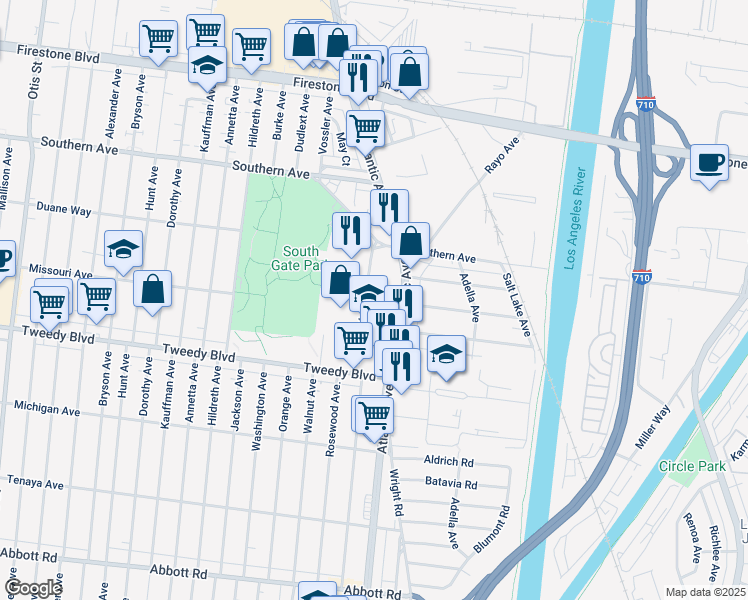 map of restaurants, bars, coffee shops, grocery stores, and more near 9604 Pinehurst Avenue in South Gate