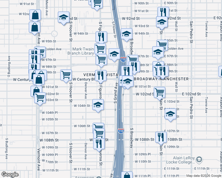 map of restaurants, bars, coffee shops, grocery stores, and more near 418 West 101st Street in Los Angeles