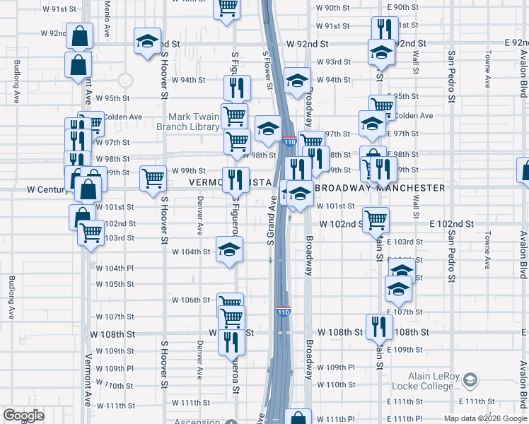 map of restaurants, bars, coffee shops, grocery stores, and more near 409 West 101st Street in Los Angeles