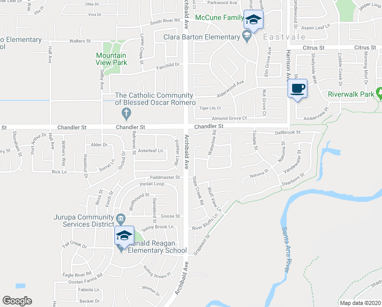 map of restaurants, bars, coffee shops, grocery stores, and more near 7871 Slate Creek Road in Eastvale