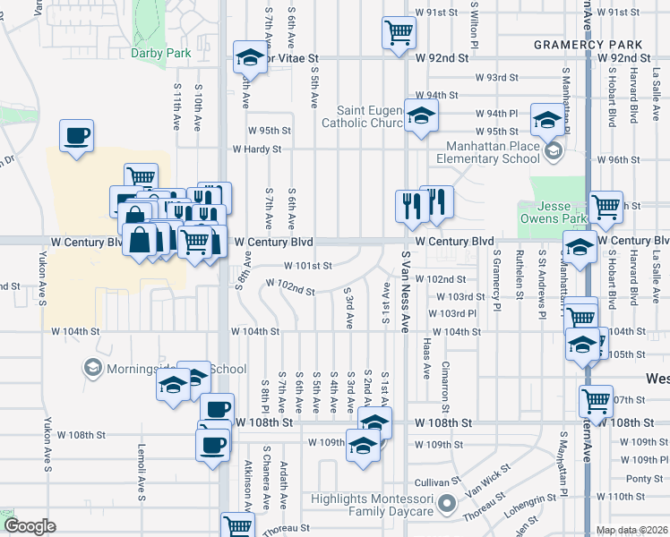map of restaurants, bars, coffee shops, grocery stores, and more near 2504 West 101st Street in Inglewood