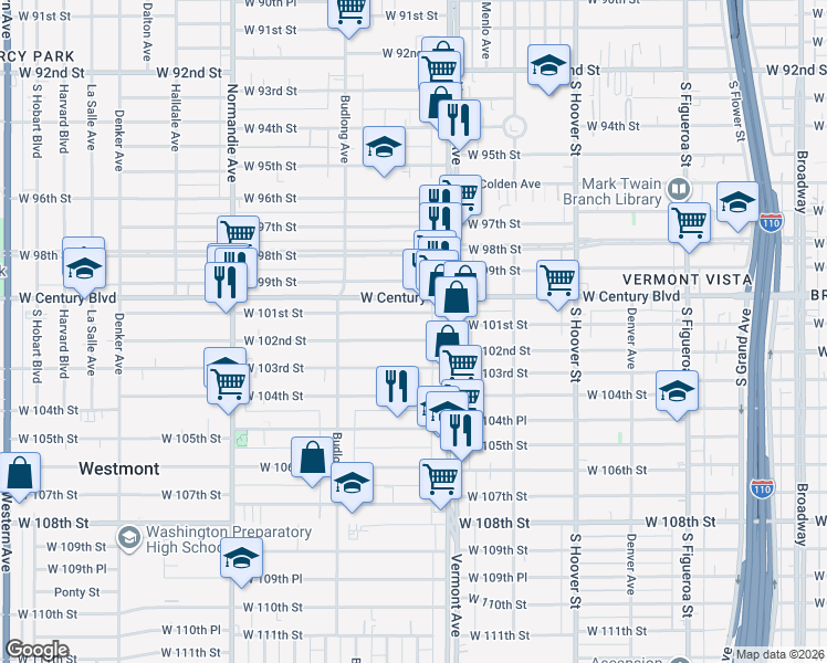 map of restaurants, bars, coffee shops, grocery stores, and more near 1029 West 101st Street in Los Angeles