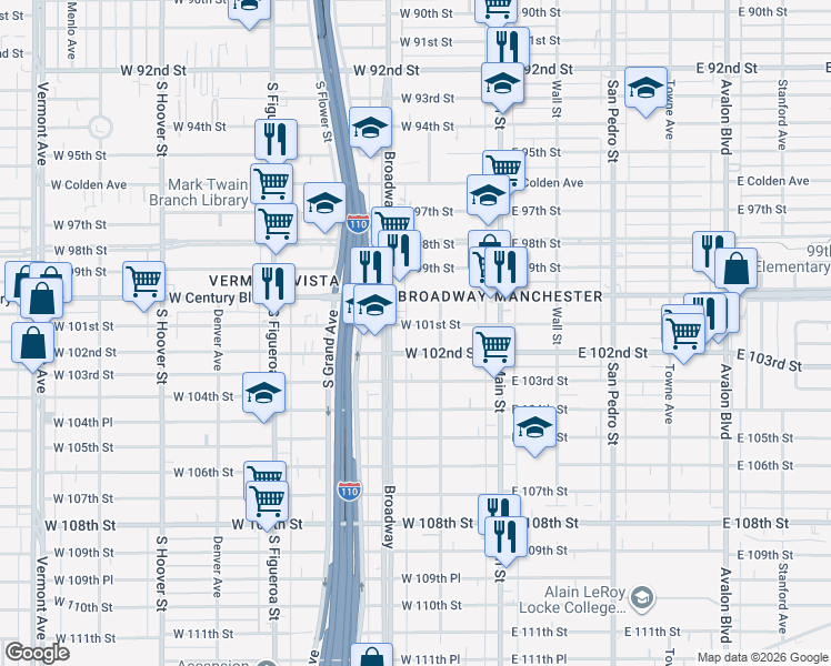 map of restaurants, bars, coffee shops, grocery stores, and more near 224 West 101st Street in Los Angeles