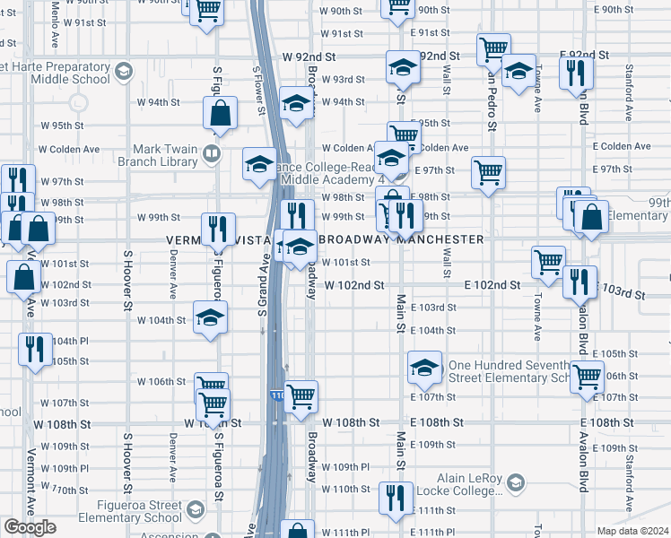 map of restaurants, bars, coffee shops, grocery stores, and more near 220 West 101st Street in Los Angeles