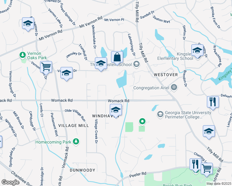 map of restaurants, bars, coffee shops, grocery stores, and more near 4970 Lakeland Woods Court in Dunwoody