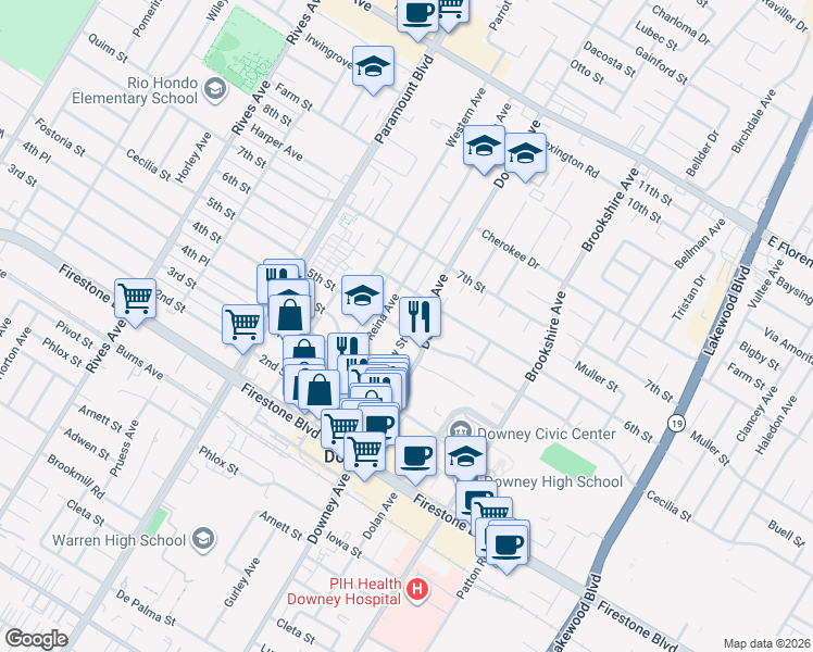 map of restaurants, bars, coffee shops, grocery stores, and more near 10739 New Street in Downey