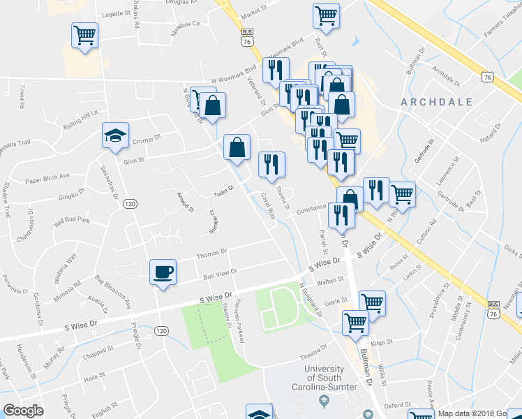 map of restaurants, bars, coffee shops, grocery stores, and more near 1045 North Guignard Drive in Sumter